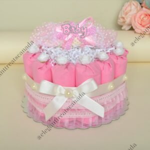 Pink Diaper Cake with Decorated Baby Towel